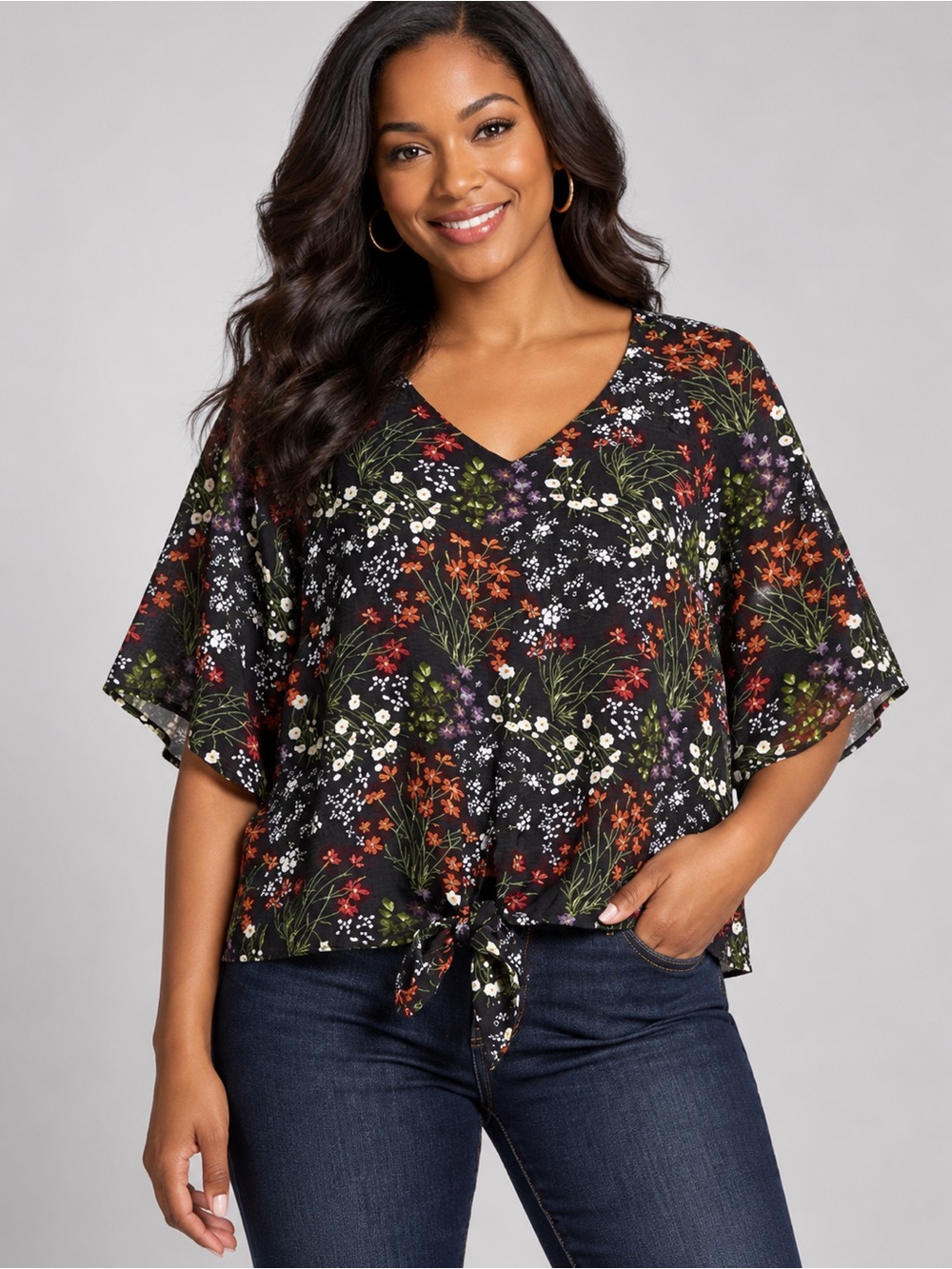 Como Vintage Black Floral Tie Front Blouse  S/P Boho Sheer Flutter Sleeve Top